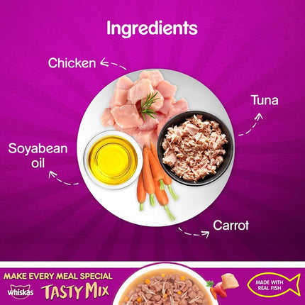 Whiskas Tasty Mix Chicken Tuna Carrot In Gravy Wet Cat Food – 70 gm