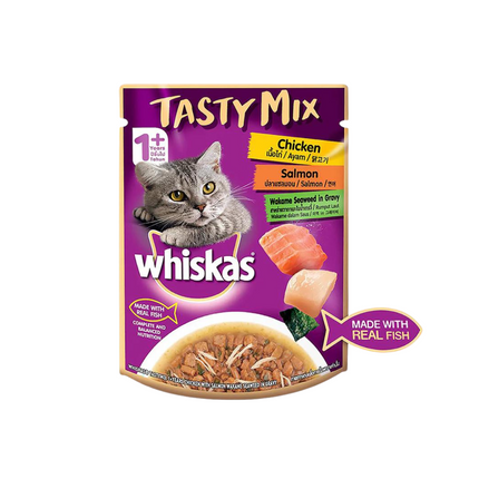 Whiskas Adult (1+ year) Tasty Mix Wet Cat Food Made With Real Fish, Chicken With Salmon Wakame Seaweed in Gravy - 70 gm packs