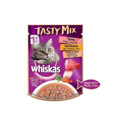 Whiskas Adult (1+ year) Tasty Mix Wet Cat Food Made With Real Fish, Chicken With Tuna And Carrot in Gravy - 70 g packs