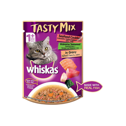 Whiskas Adult (1+ year) Tasty Mix Wet Cat Food Made With Real Fish, Seafood Cocktail Wakame Seaweed in Gravy - 70 g packs