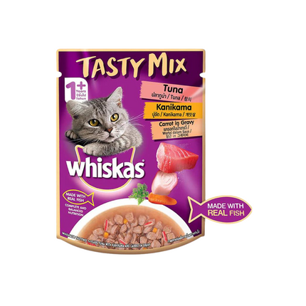 Whiskas Adult (1+ year) Tasty Mix Wet Cat Food Made With Real Fish, Tuna With Kanikama And Carrot in Gravy - 70 g packs