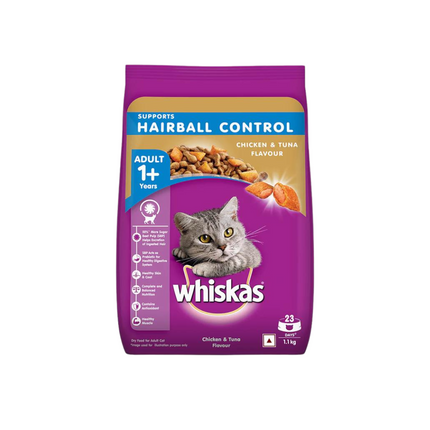 Whiskas Chicken & Tuna Flavour Hairball Control Dry Cat Food for Adult Cats (1+ Years)