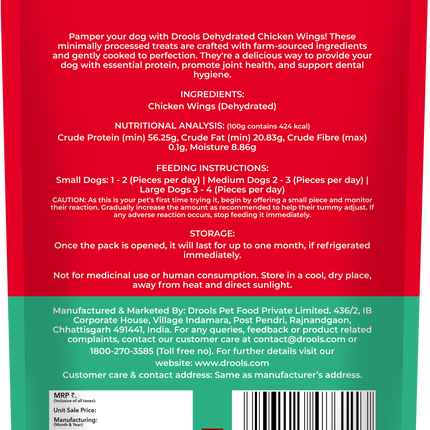 Drools Dog Treats Dehydrated Real Chicken Chews Wings 70g