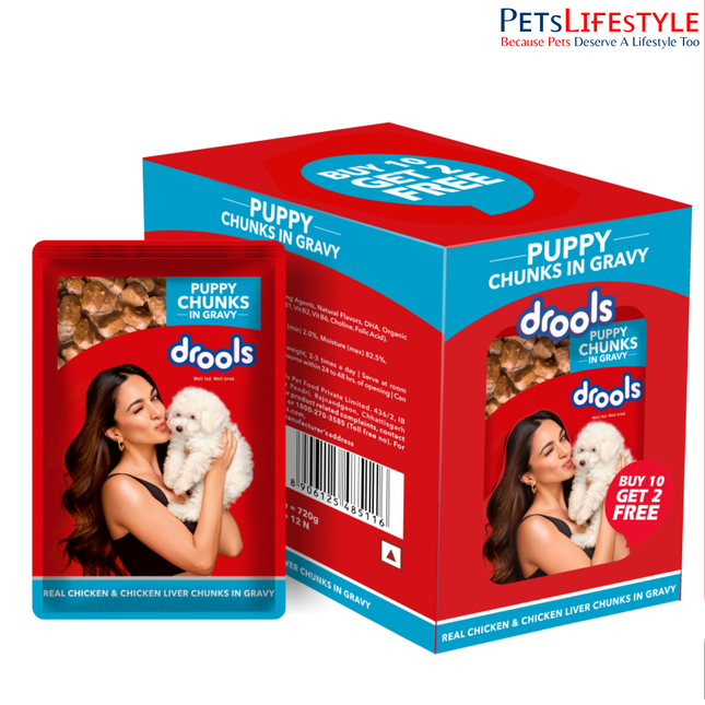Drools Puppy Wet Dog Food, Real Chicken and Chicken Liver Chunks in Gravy,10 Pouches + 2 Pouches Free (12 x 60g )