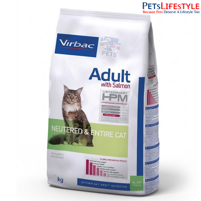 Virbac Veterinary HPM Adult Neutered & Entire with Salmon Cat Food – High-Protein, Low-Carbohydrate Complete Dry Food for Adult Cats