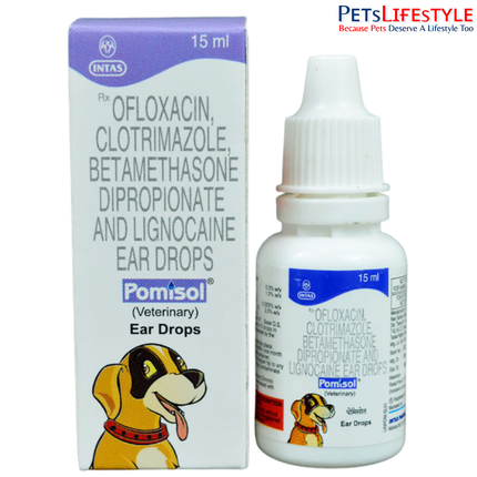 Intas Pomisol Ear Drops for Dogs & Cats — Antibiotic, Antifungal & Anti-Inflammatory (15ml)