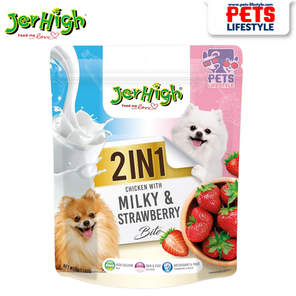 JerHigh 2IN1 Chicken with Milky & Strawberry Bite 380g Fruity & Nutritious Soft Treat