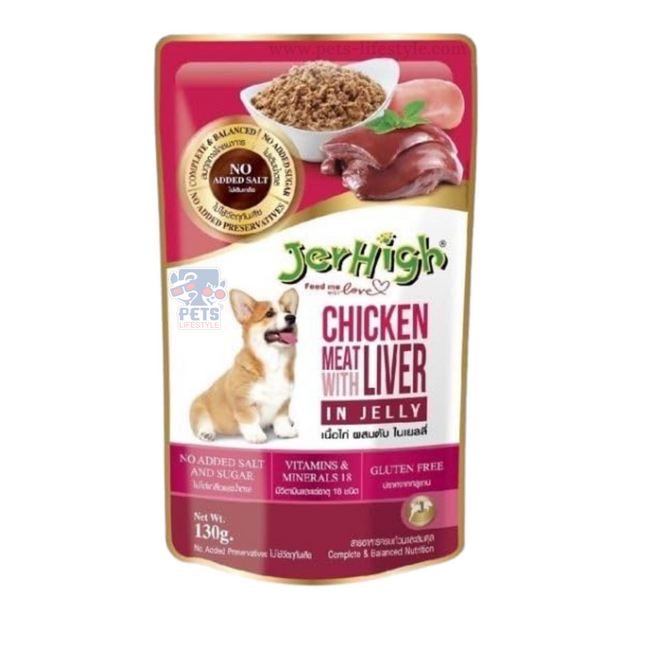 Jerhigh Chicken Meat with Liver in Jelly Dog Food – 130g