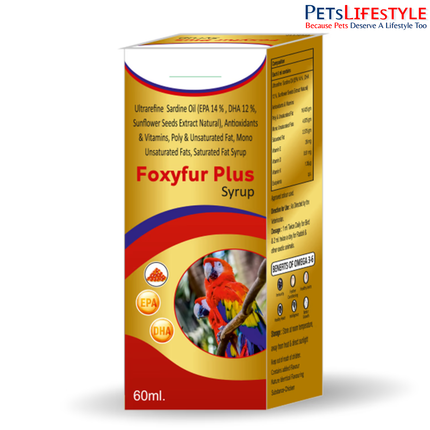 Foxyfur Plus Syrup 60 ml for Dogs & Cats Foxyfur Plus for Birds, Rabbits, Turtles & Reptiles – Omega Fatty Acid & Vitamin Supplement– Advanced Skin, Coat & Joint Health Supplement