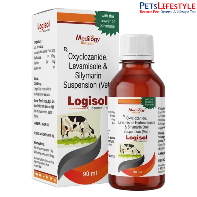 Logisol Suspension – Oxyclozanide, Levamisole HCl & Silymarin Dewormer for Cattle, Sheep & Goats
