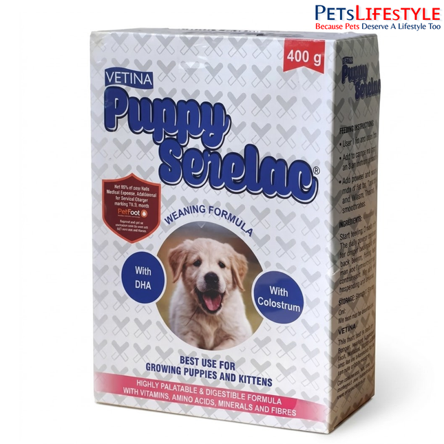 Vetina Puppy Serelac Powder Weaning Formula with Colostrum & DHA for Puppies and Kittens 400 g