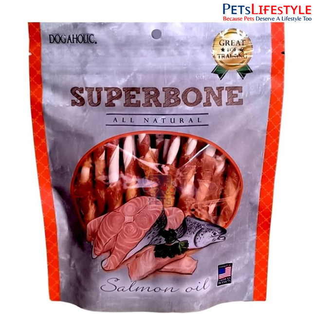 Superbone Salmon Oil Flavour Dog Sticks 420g (27 Sticks) | Premium 3-Layer Non-Rawhide Chicken Chews for Dogs