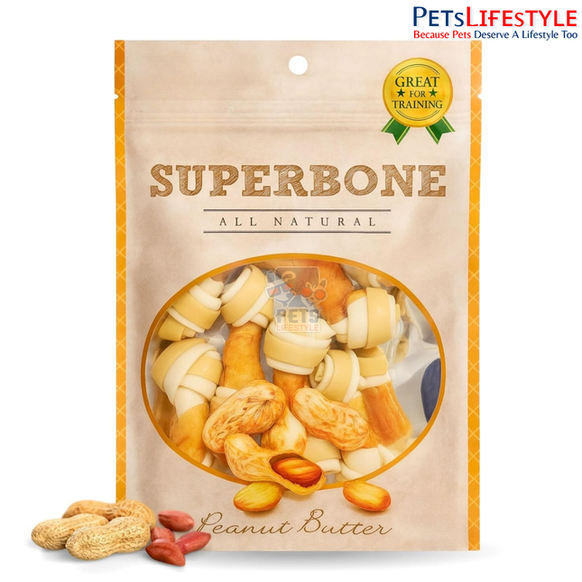 Superbone Peanut Butter Flavour Chicken Knotted Dog Treat 480g (21 Knotted Chews) | Premium 3-Layer Non-Rawhide Dog Chews