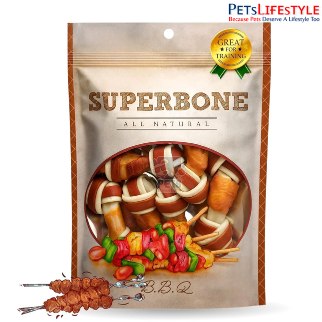 Superbone BBQ Flavour Chicken Knotted Dog Treat 480g (21 Knotted Chews) | Premium 3-Layer Non-Rawhide Dog Chews