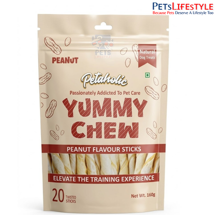 Petaholic Yummy Chew Peanut Flavour Sticks Dog Treat 160g (20 Sticks) | Premium Gluten-Free Training Treats for Dogs