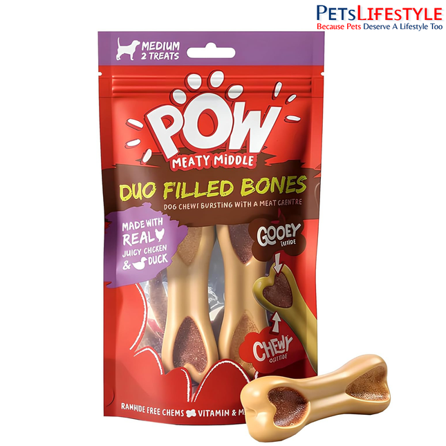 POW Meaty Middle Duo Filled Bones Dog Treats – Chicken & Duck (Chewy) | Dual-Texture Chew Treat for Adult Dogs