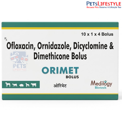 ORIMET Vet Bolus – Ofloxacin 900 mg, Ornidazole 2500 mg, Dicyclomine 50 mg & Dimethicone 75 mg | Broad-Spectrum Antibacterial & Antiprotozoal Gastrointestinal Bolus for Livestock