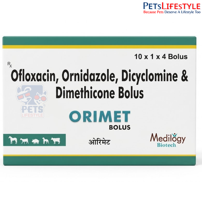 ORIMET Vet Bolus – Ofloxacin 900 mg, Ornidazole 2500 mg, Dicyclomine 50 mg & Dimethicone 75 mg | Broad-Spectrum Antibacterial & Antiprotozoal Gastrointestinal Bolus for Livestock