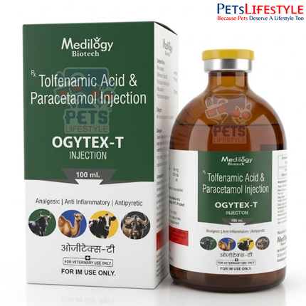 OGYTEX-T Vet Injection – Tolfenamic Acid & Paracetamol Injection | Veterinary NSAID & Antipyretic Injection for Fever, Pain & Inflammation | 100 ml