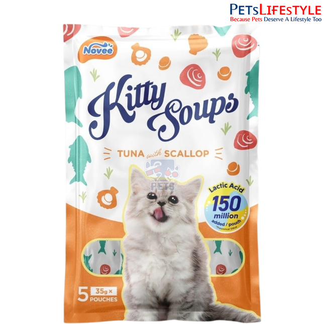 Novee Kitty Soups Tuna with Scallop Flavour Cat Treat – Creamy Lickable Cat Treat | High Protein Hydrating Puree Meal Topper | 5 Tubes (175g)