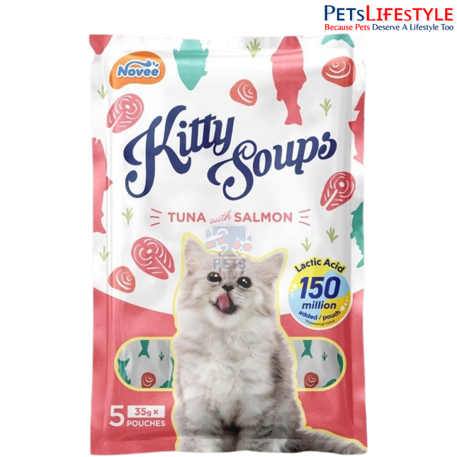 Novee Kitty Soups Tuna Treats with Salmon Flavour – Creamy Lickable Cat Treat | High Protein Hydrating Puree Snack | Meal Topper for Kittens & Adult Cats | 5 Tubes (175g)