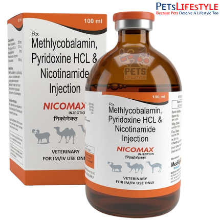 NICOMAX Vet Injection – Methylcobalamin, Pyridoxine HCl & Nicotinamide Injection | Veterinary Vitamin B Complex Injection for Nerve Health, Vitamin B12 Deficiency & Metabolic Support | 100 ml