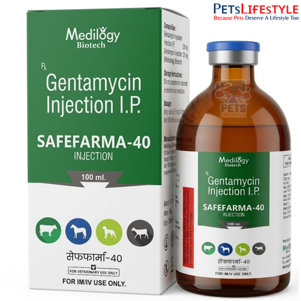 SAFEFARM-40 Vet Injection – Gentamicin Injection | Broad-Spectrum Veterinary Aminoglycoside Antibiotic for Severe Bacterial Infections | 100 ml