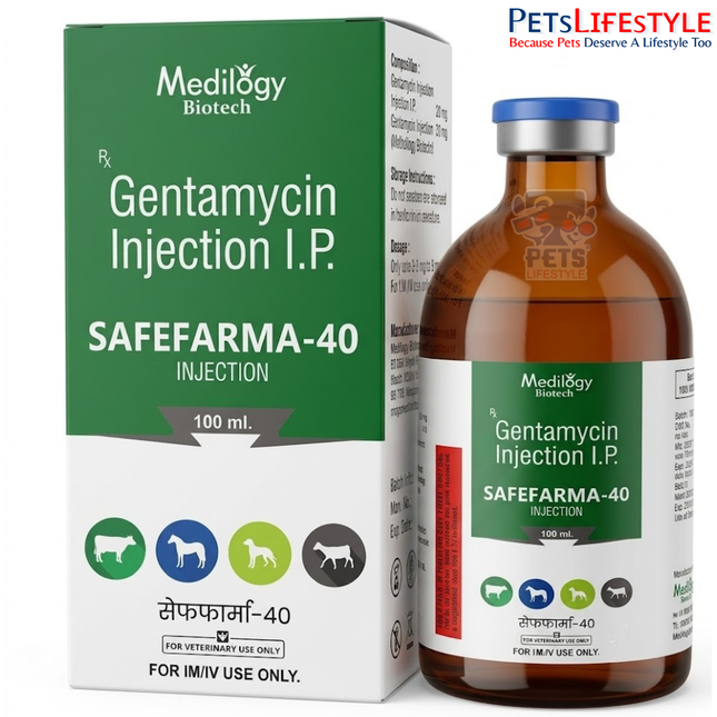 SAFEFARM-40 Vet Injection – Gentamicin Injection | Broad-Spectrum Veterinary Aminoglycoside Antibiotic for Severe Bacterial Infections | 100 ml