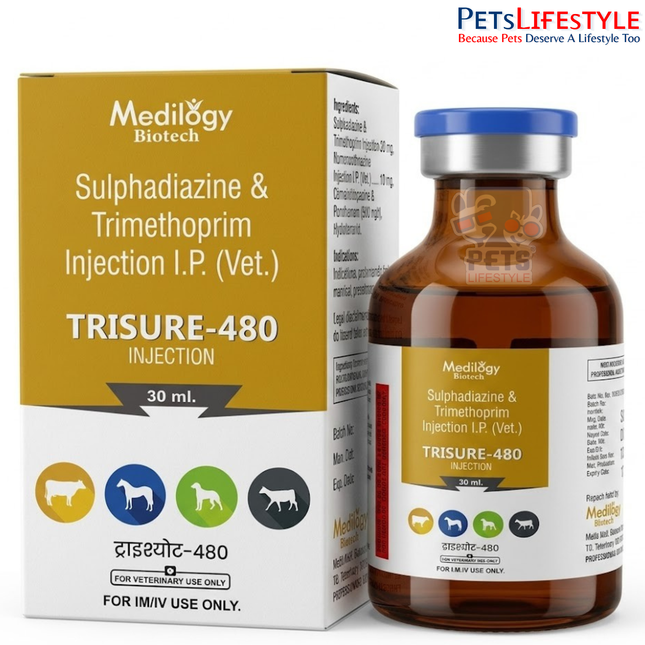 TRISURE-480 Vet Injection – Sulphadiazine & Trimethoprim Injection | Broad-Spectrum Veterinary Antibiotic for Urinary, Prostatic, Nocardia & Susceptible Bacterial Infections | 30 ml