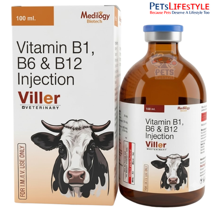 VILLER Vet Injection – Vitamin B1, Vitamin B6 & Vitamin B12 Injection | Veterinary Neurotropic Vitamin B Complex for Nerve Health, Neuropathy & Metabolic Support | 100 ml