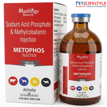 METOPHOS Vet Injection – Sodium Acid Phosphate & Methylcobalamin Injection | Veterinary Reproductive & Metabolic Support Injection for Fertility, Anoestrus & Pregnancy Maintenance | 100 ml