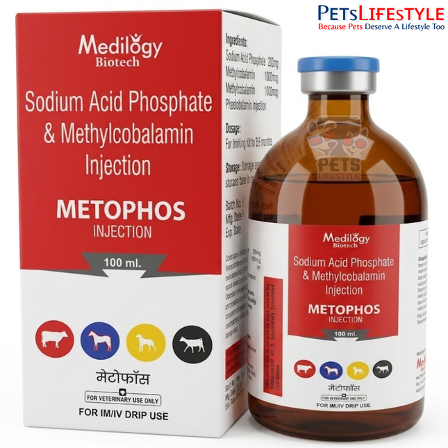 METOPHOS Vet Injection – Sodium Acid Phosphate & Methylcobalamin Injection | Veterinary Reproductive & Metabolic Support Injection for Fertility, Anoestrus & Pregnancy Maintenance | 100 ml
