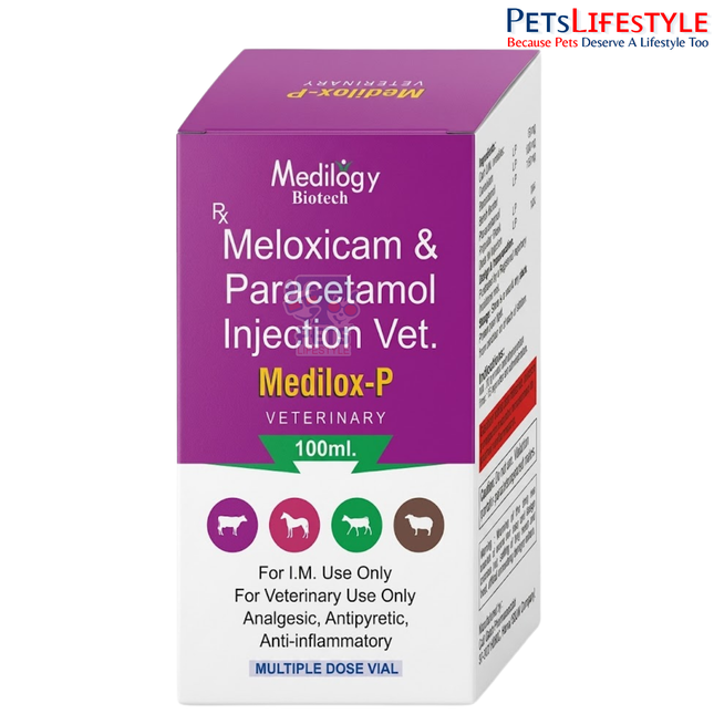 MEDILOX-P Vet Injection – Meloxicam & Paracetamol Injection | Veterinary NSAID & Antipyretic Injection for Pain, Inflammation, Fever & Supportive Therapy | 100 ml