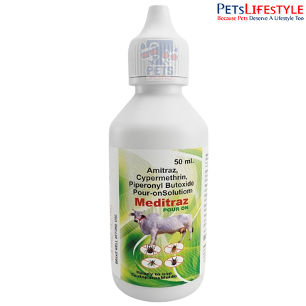 MEDITRAZ Pour-On – Amitraz, Cypermethrin & Piperonyl Butoxide Veterinary Pour-On Solution | Advanced Tick, Flea & Ectoparasite Control for Livestock | 50 ml