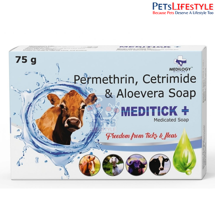MEDITICK+ Vet Soap – Permethrin 5% w/w, Cetrimide I.P. 1% w/w & Aloe Vera Extract 1% w/w | Veterinary Medicated Antiseptic & Anti-Tick Soap for Dogs | 75 g
