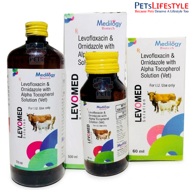 LEVOMED Veterinary Solution – Levofloxacin 20 mg, Ornidazole 25 mg & Alpha Tocopherol Acetate 5 mg | Broad-Spectrum Antibacterial & Antiprotozoal Oral Solution