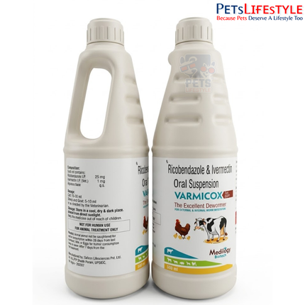 VARMICOX Veterinary Suspension – Ricobendazole 25 mg & Ivermectin 1 mg Oral Suspension | Broad-Spectrum Dewormer for Internal & External Parasites in Livestock