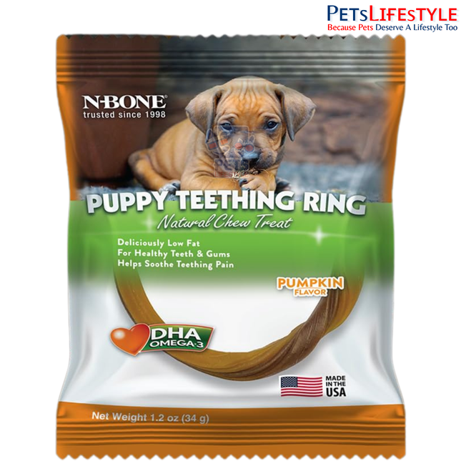 N-Bone Puppy Teething Ring Pumpkin Flavor – Soft Edible Puppy Teething Chew with DHA & Calcium | Low-Fat Dental Treat for Puppies
