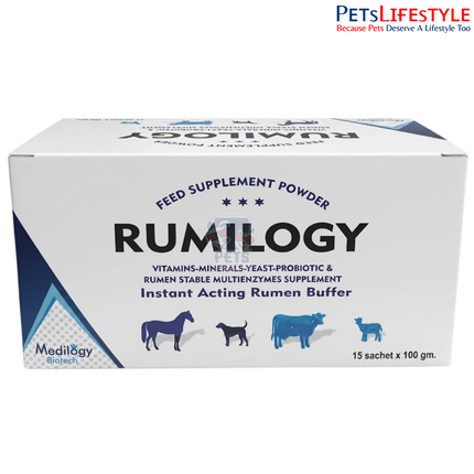 RUMILOGY Powder – Vitamin, Minerals, Yeast Probiotic & Rumen-Stable Multi-Enzyme Feed Supplement | Supports Rumen Health, Fiber Digestion & Normal Rumen pH | 15 × 100 g Sachets