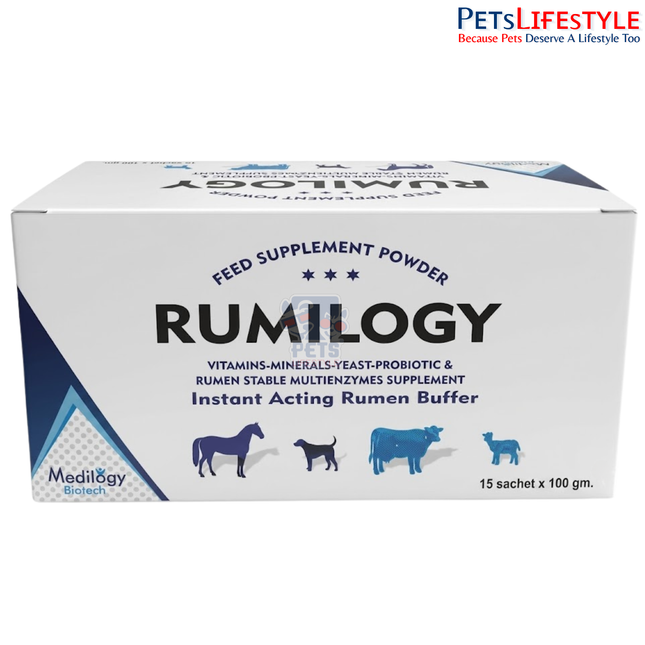 RUMILOGY Powder – Vitamin, Minerals, Yeast Probiotic & Rumen-Stable Multi-Enzyme Feed Supplement | Supports Rumen Health, Fiber Digestion & Normal Rumen pH | 15 × 100 g Sachets