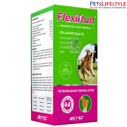 Sky EC FlexiRun | Advanced Hip & Joint Support Chewable Tablets for Dogs | Glucosamine, Chondroitin, MSM, Type II Collagen & Hyaluronic Acid