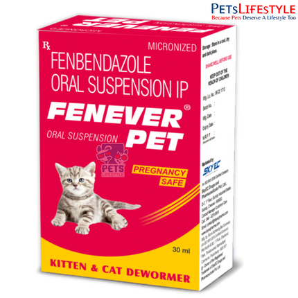 Sky EC FENEVER PET Oral Suspension | Fenbendazole Dewormer for Kittens, Puppies & Cats | Broad-Spectrum Worm Treatment | 30 ml