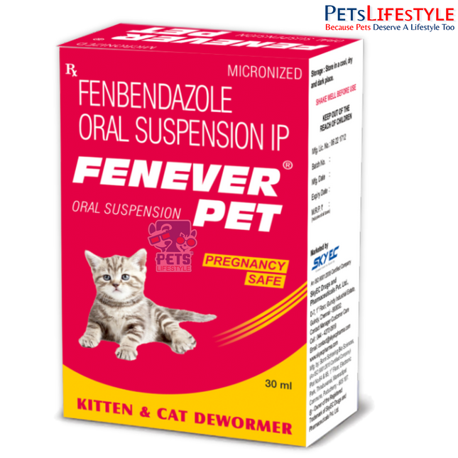 Sky EC FENEVER PET Oral Suspension | Fenbendazole Dewormer for Kittens, Puppies & Cats | Broad-Spectrum Worm Treatment | 30 ml