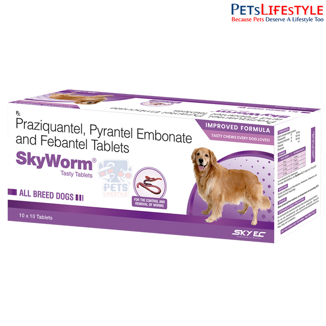 Sky EC SkyWorm Tablets | Broad-Spectrum Deworming Tablets for Dogs | Praziquantel, Pyrantel Embonate & Febantel | 10 Tablets