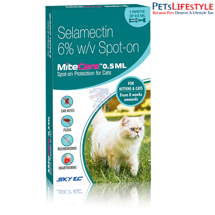Sky EC MiteCare Spot-On for Cats | Selamectin 6% w/v | Flea, Tick, Ear Mite, Lice, Roundworm, Hookworm & Heartworm Protection