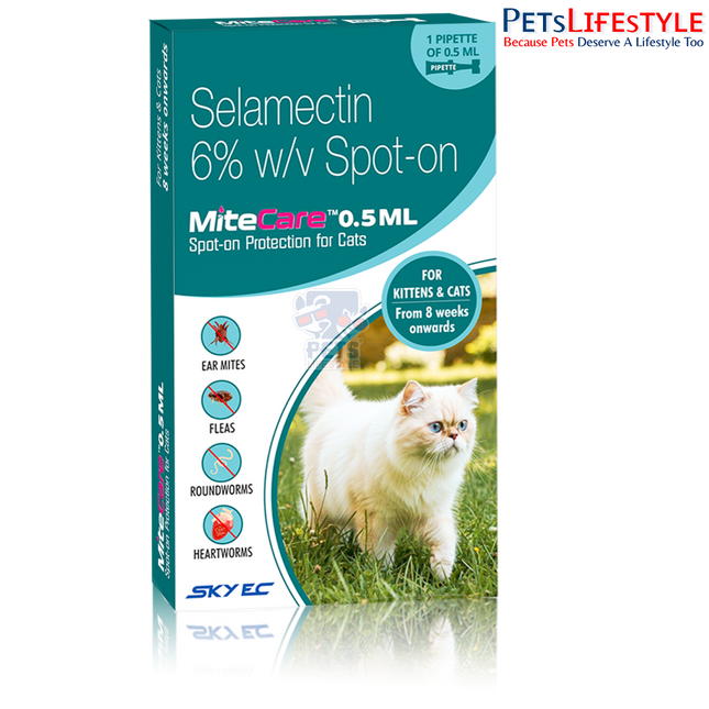 Sky EC MiteCare Spot-On for Cats | Selamectin 6% w/v | Flea, Tick, Ear Mite, Lice, Roundworm, Hookworm & Heartworm Protection