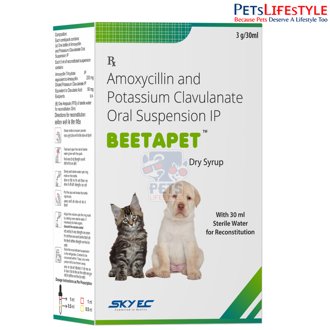 Sky EC BEETAPET Dry Syrup | Amoxicillin & Clavulanic Acid Oral Suspension for Dogs & Cats | Broad-Spectrum Veterinary Antibiotic | 30 ml