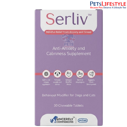 Intas Serliv Anti Anxiety & Calmness Support Tablets for dogs & cats, 30 tabs