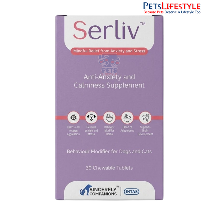 Intas Serliv Anti Anxiety & Calmness Support Tablets for dogs & cats, 30 tabs