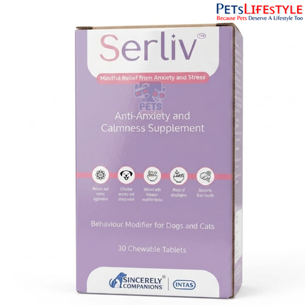 Intas Serliv Anti Anxiety & Calmness Support Tablets for dogs & cats, 30 tabs